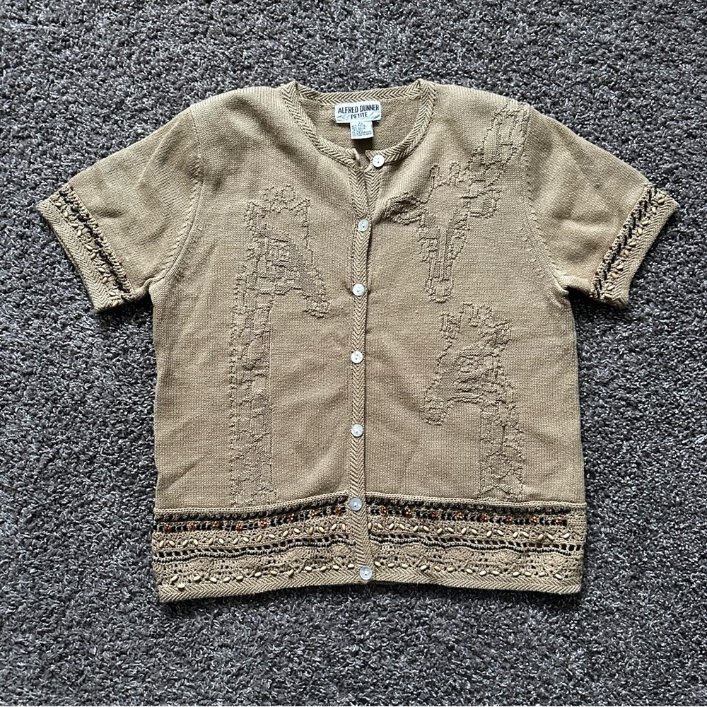 Vintage Alfred Dunner Giraffe Inspired Tan Sweater Beaded Retro Size P Small